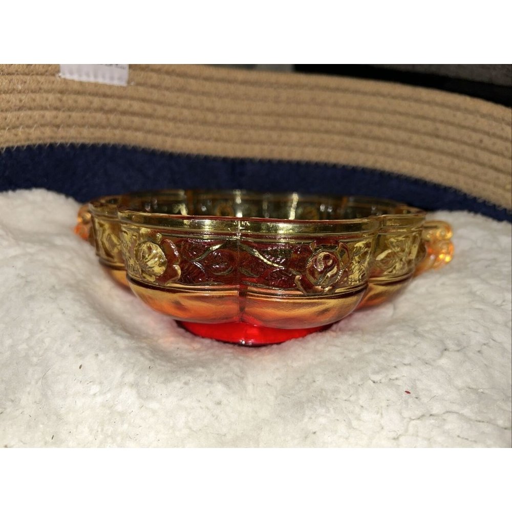 Vintage Aztec Rose Amberina Candy Dish~Serving Bowl with Handles